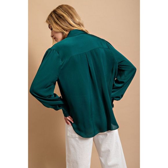 New Gigio Size S M Hunter Green Button Up Smocked Shoulder Striped Blouse Top - Picture 5 of 6